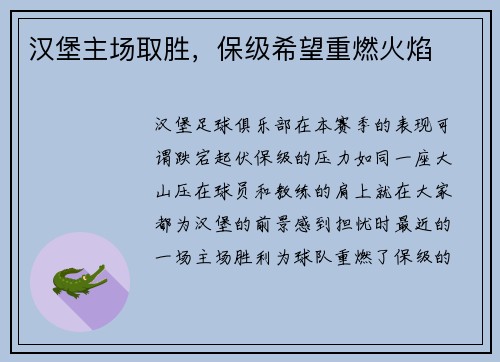汉堡主场取胜，保级希望重燃火焰