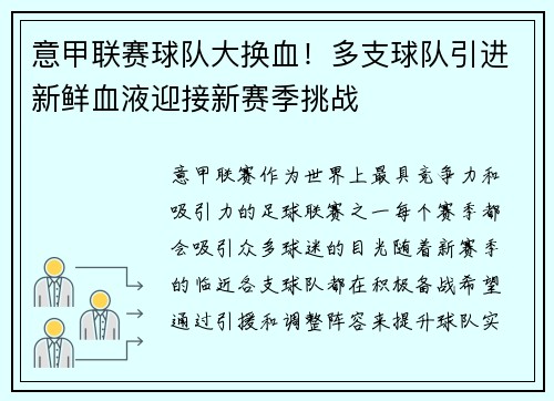 意甲联赛球队大换血！多支球队引进新鲜血液迎接新赛季挑战