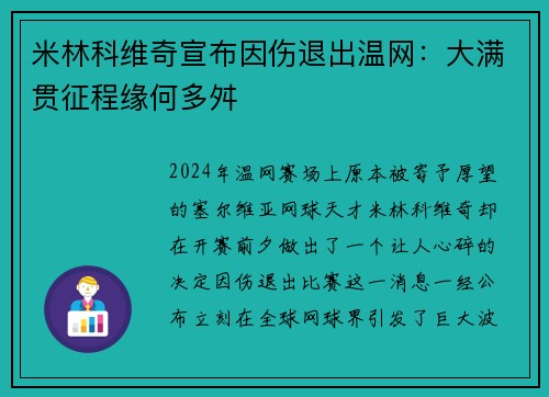 米林科维奇宣布因伤退出温网：大满贯征程缘何多舛